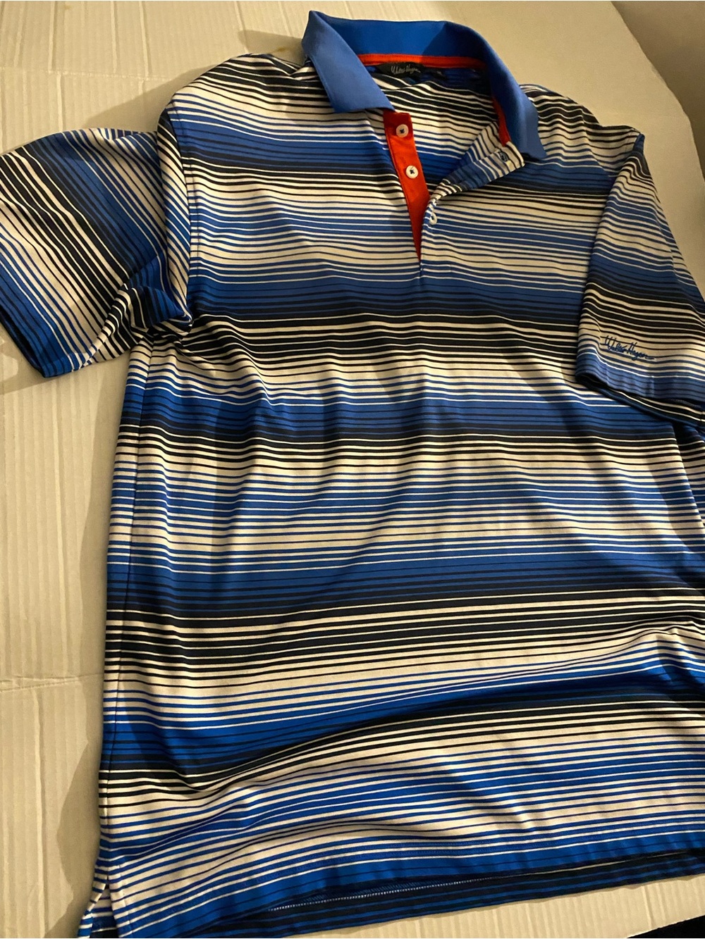 Walter Hagen Blue and White Striped Polo with Red Placket